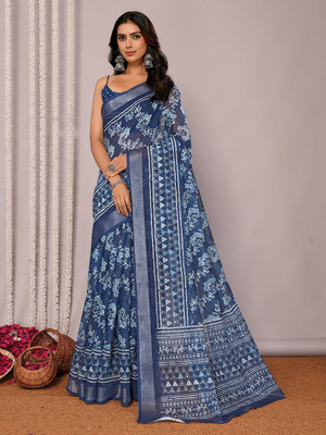 Janasya Floral Print Daily Wear Cotton Blend Saree(Blue)