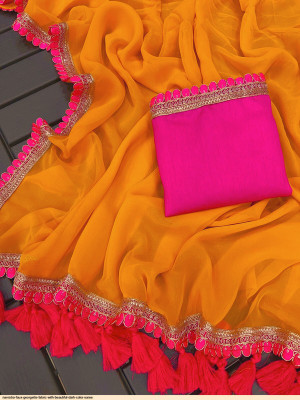 SHREE SHUBH MUSTARD SAREE Self Design Bollywood Georgette Saree(Mustard)