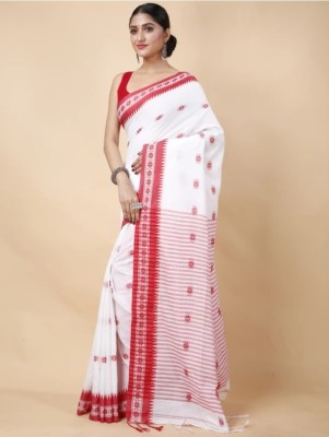 Shyamalisaree Temple Border, Woven Handloom Cotton Blend Saree(White)