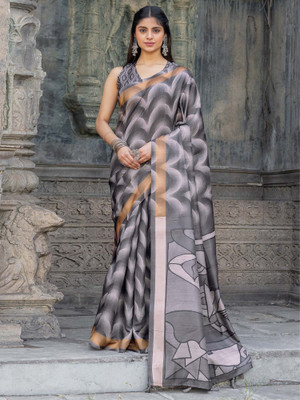 Divastri Printed Hand Batik Tussar Silk Saree(Grey)