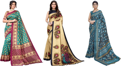 YASHIKA Printed Daily Wear Art Silk Saree(Pack of 3, Blue, Gold)