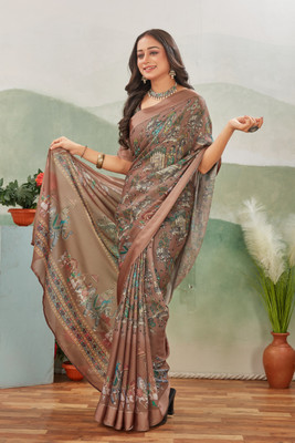 Dharmata Enterprise Digital Print Daily Wear Satin Saree(Brown)