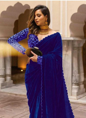 PaLkAaNo Solid/Plain Daily Wear Velvet Saree(Blue)