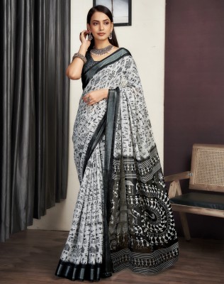 SIRIL Printed Tant Cotton Blend Saree(Grey, Black)