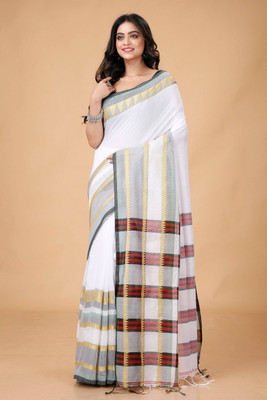 ADbutiq Self Design Bollywood Handloom Cotton Blend Saree(White)