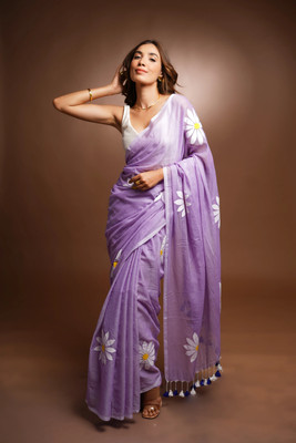 HouseOfCommon Floral Print Bollywood Cotton Blend Saree(Purple)