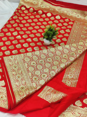 HouseOfCommon Woven, Self Design, Embellished Banarasi Handloom Satin Saree(Red)