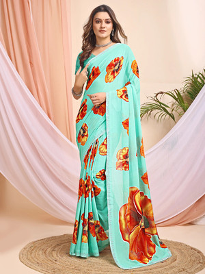 Leelavati Printed, Embellished, Embroidered Daily Wear Chiffon Saree(Light Blue)