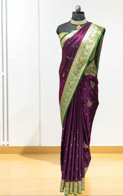 HouseOfCommon Embroidered, Woven Banarasi Handloom Silk Blend Saree(Purple)