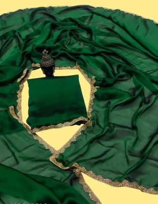 NIRLOBH Solid/Plain Bollywood Silk Blend Saree(Dark Green)