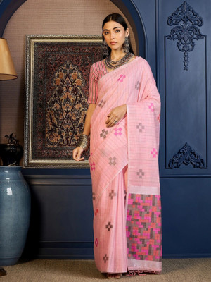 Vichitra Woven, Self Design Handloom Pure Cotton, Jacquard Saree(Pink)