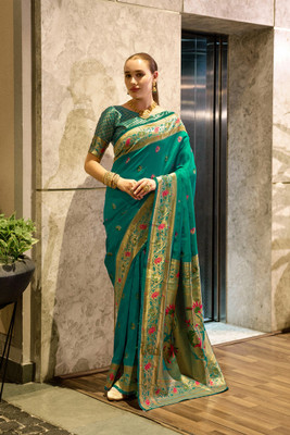 Elora Printed Paithani Silk Blend Saree(Green)