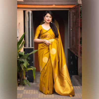 PRANJAL ART Color Block Bollywood Jacquard, Art Silk Saree(Yellow)
