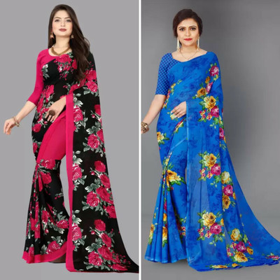 Anand Sarees Printed, Floral Print Daily Wear Georgette Saree(Pack of 2, Red, Blue)