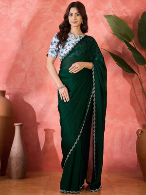 Sangria Embellished Saree with Attached Blouse Silk Blend Saree(Green)