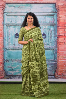 Kiaaron Printed Daily Wear Pure Cotton Saree(Light Green)
