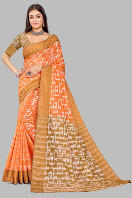 Gita Textiles Woven, Self Design Chanderi Cotton Blend Saree(Orange)