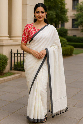 SMRITI BOUTIQUE Solid/Plain Handloom Handloom Pure Cotton Saree(White)