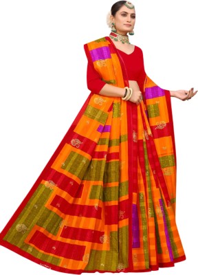 karishma sarees Floral Print Handloom Pure Cotton Saree(Orange)