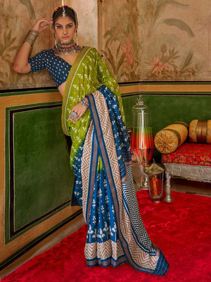 ANOUK Printed Pochampally Silk Blend Saree(Green)
