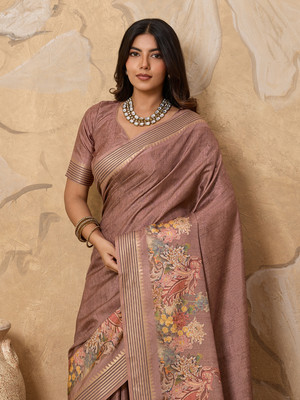 Tasrika Printed, Woven Ikkat Tussar Silk Saree(Pink)
