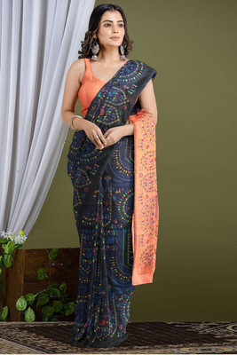 Binay textile Printed Handloom Cotton Silk Saree(Black)