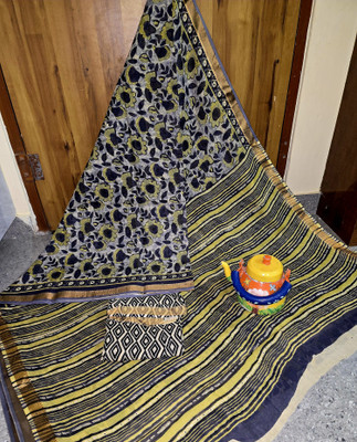 LOVWEAR Blocked Printed, Woven, Printed, Self Design Ikkat Pure Cotton Saree(Green)