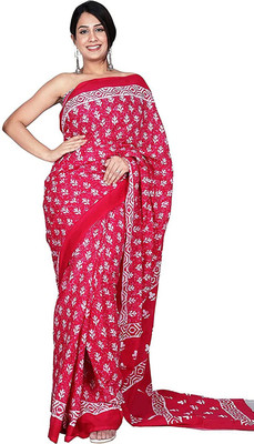 Craftmusium Printed, Color Block, Blocked Printed, Floral Print, Dyed Daily Wear Pure Cotton Saree(Pink)