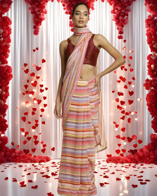 Jayu Digital Print, Embroidered, Printed, Striped Bollywood Georgette Saree(Red)