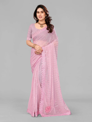 miracletex Embellished Bollywood Lycra Blend Saree(Pink)