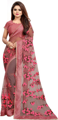RADHE ENTERPRISE Embroidered Bollywood Net Saree(Brown)