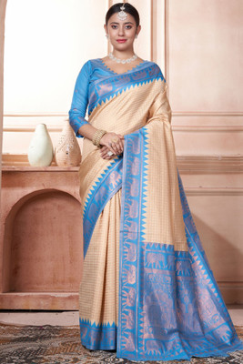 ROOP LAVANYA Woven Kanjivaram Jacquard, Art Silk Saree(Cream, Light Blue)