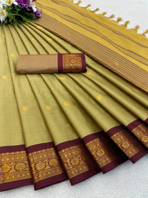 KanjiQueen Woven Kanjivaram Pure Silk, Cotton Blend Saree(Beige, Maroon)