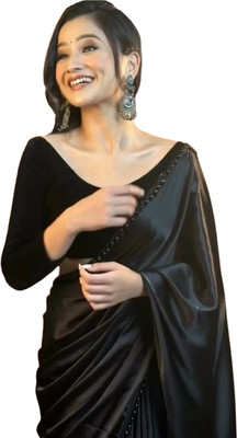 Sataz Solid/Plain Bollywood Satin Saree(Black)