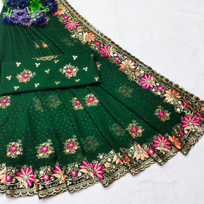 MIYANIFAB Embroidered Bollywood Georgette Saree(Green)