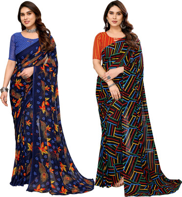 kashvi sarees Printed Daily Wear Georgette Saree(Pack of 2, Dark Blue, Multicolor)