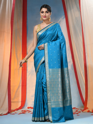 Desh Bidesh Woven, Self Design, Solid/Plain, Paisley Kanjivaram Handloom Cotton Blend, Silk Blend Saree(Blue)