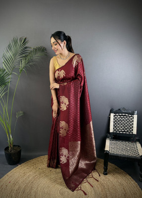 Tasrika Solid/Plain Banarasi Cotton Silk Saree(Maroon)