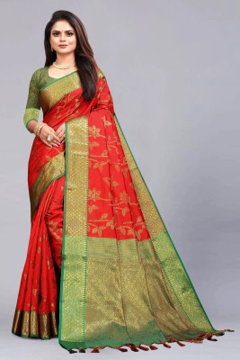 rangbhakti Self Design, Embroidered, Checkered, Woven Banarasi Cotton Silk, Jacquard Saree(Red)