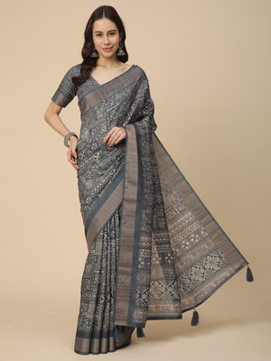 RATAN Printed Saree with Attached Blouse Art Silk Saree(Grey)