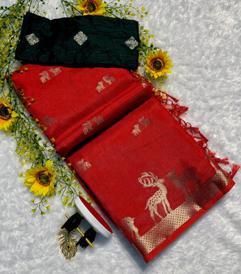 RAAVIENTERPRISE Animal Print, Woven Bollywood Silk Blend Saree(Red)