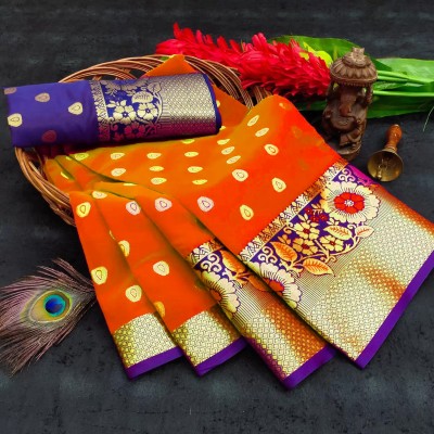 DHABUDI Floral Print, Ombre, Self Design Banarasi Pure Silk, Jacquard Saree(Orange, Blue)