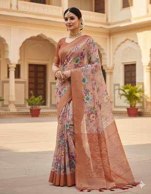 Burbarygold Floral Print Bollywood Georgette Saree(Brown)