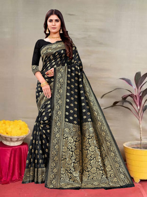 Pervas Woven Kanjivaram Silk Blend, Cotton Silk Saree(Black)