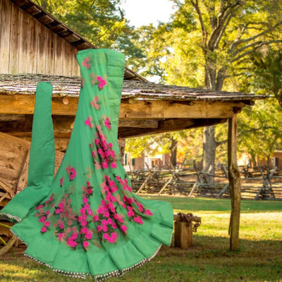 Elegance Avenue Floral Print Bollywood Net Saree(Light Green)