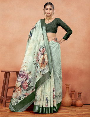 Gajal Printed, Woven Kanjivaram Pure Cotton, Cotton Linen Saree(Cream)