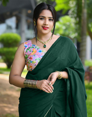 Samah Solid/Plain, Printed, Embellished Bollywood Khadi, Silk Blend Saree(Green)