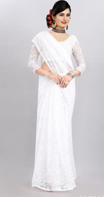 Norraflex Embroidered Bollywood Net Saree(White)