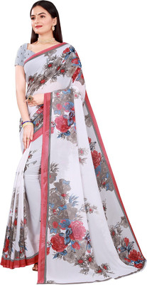 Suali Printed Daily Wear Georgette Saree(White, Pink)