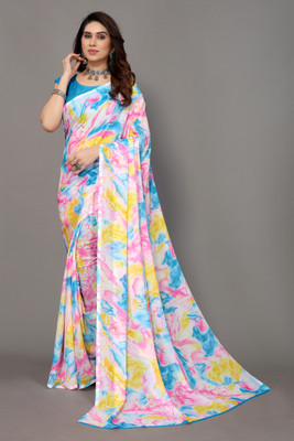 YASHIKA Printed, Digital Print Bollywood Georgette Saree(Light Blue)
